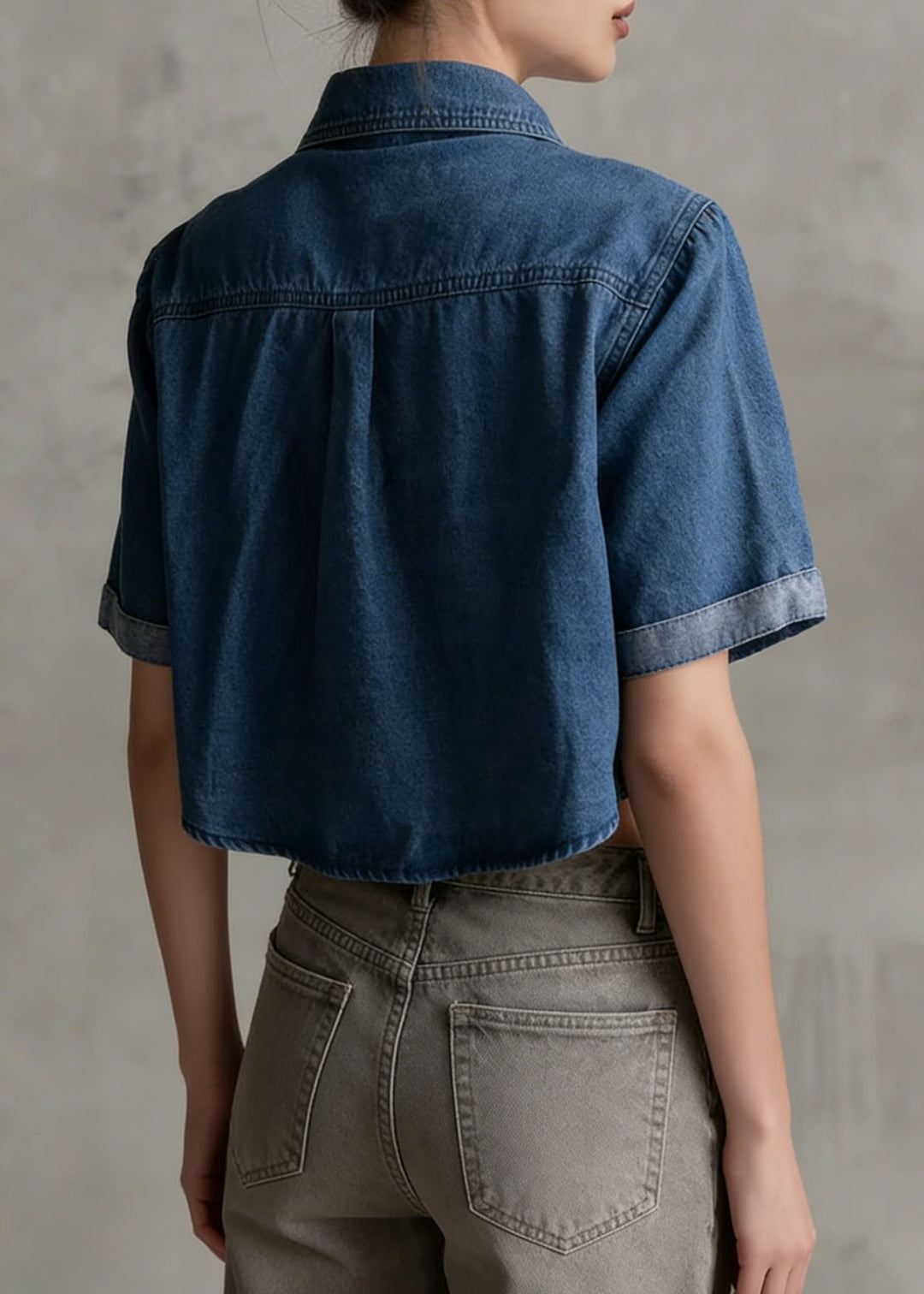 New Navy Peter Pan Collar Nail Bead Denim Shirts Summer