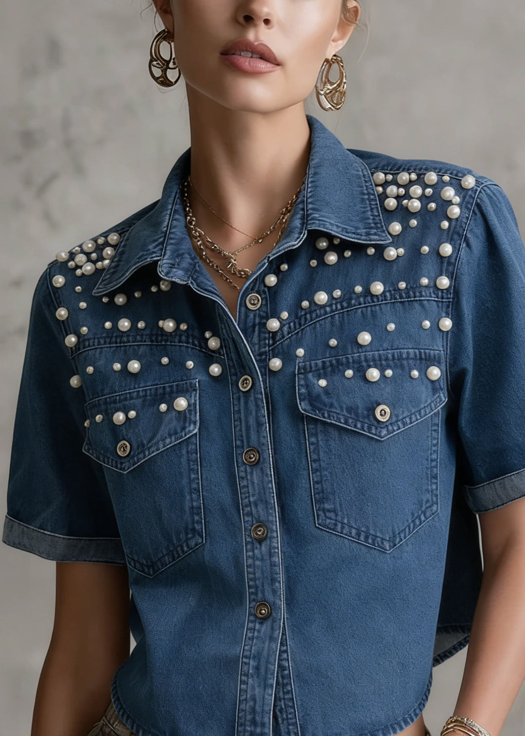 New Navy Peter Pan Collar Nail Bead Denim Shirts Summer
