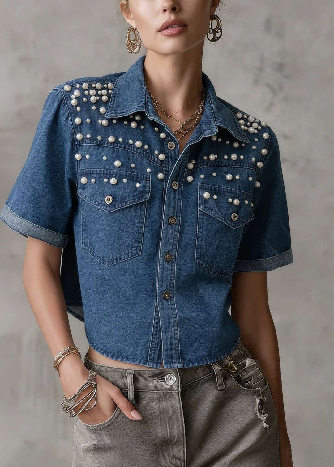 New Navy Peter Pan Collar Nail Bead Denim Shirts Summer