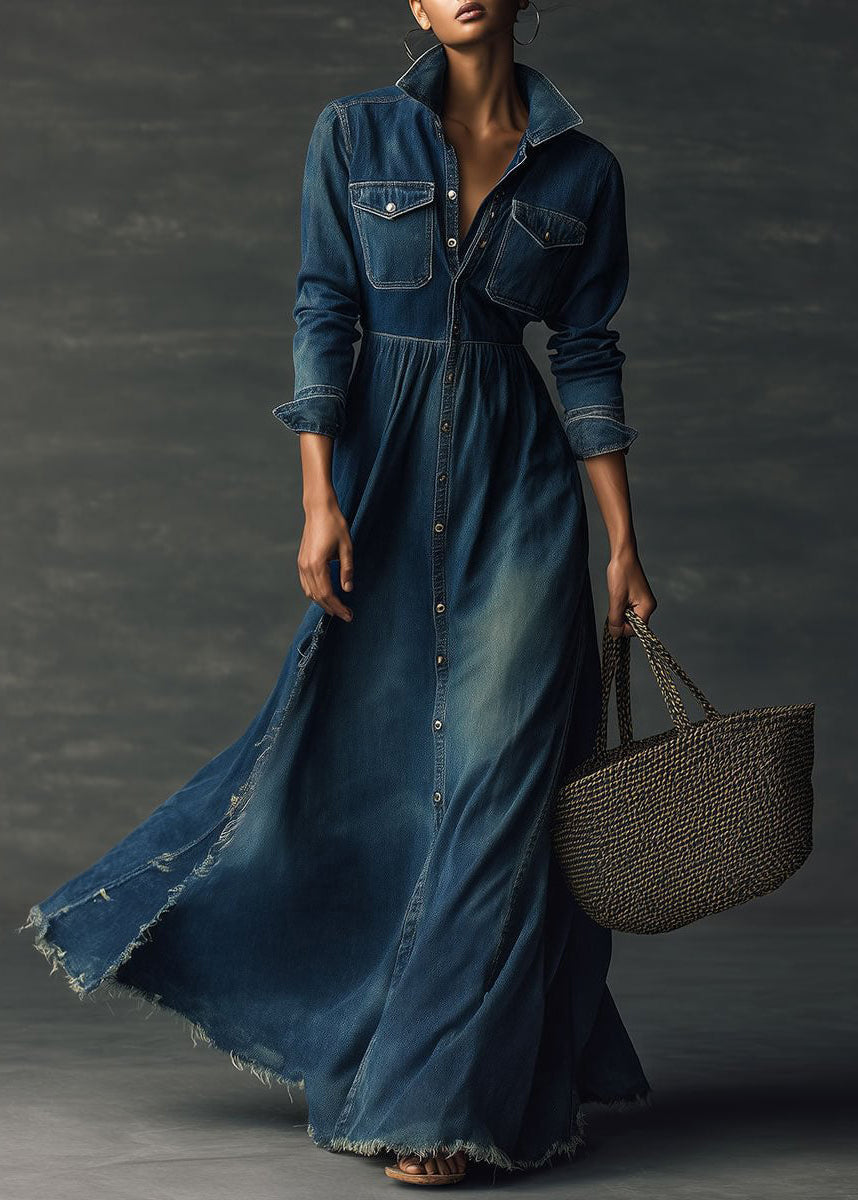 New Navy Peter Pan Collar Pockets Patchwork Denim Long Dress Fall