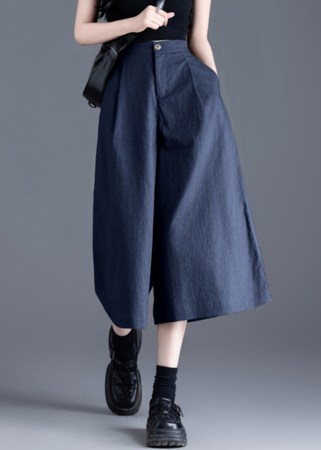 New Navy Pockets Elastic Waist Linen Crop Pants Summer