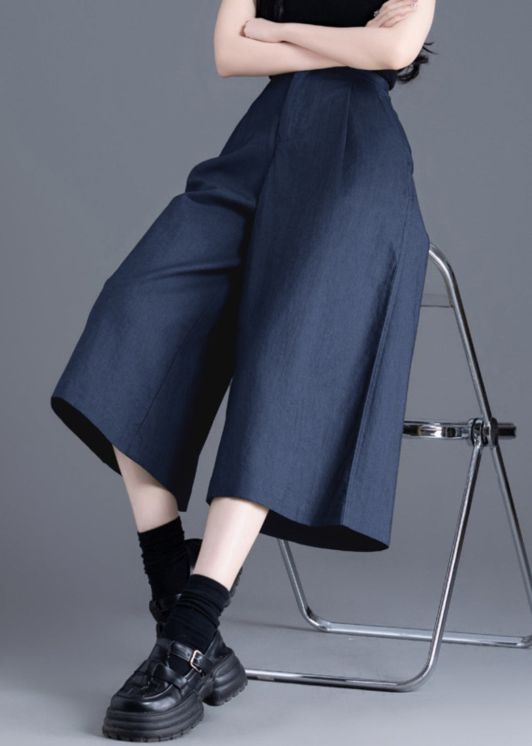 New Navy Pockets Elastic Waist Linen Crop Pants Summer