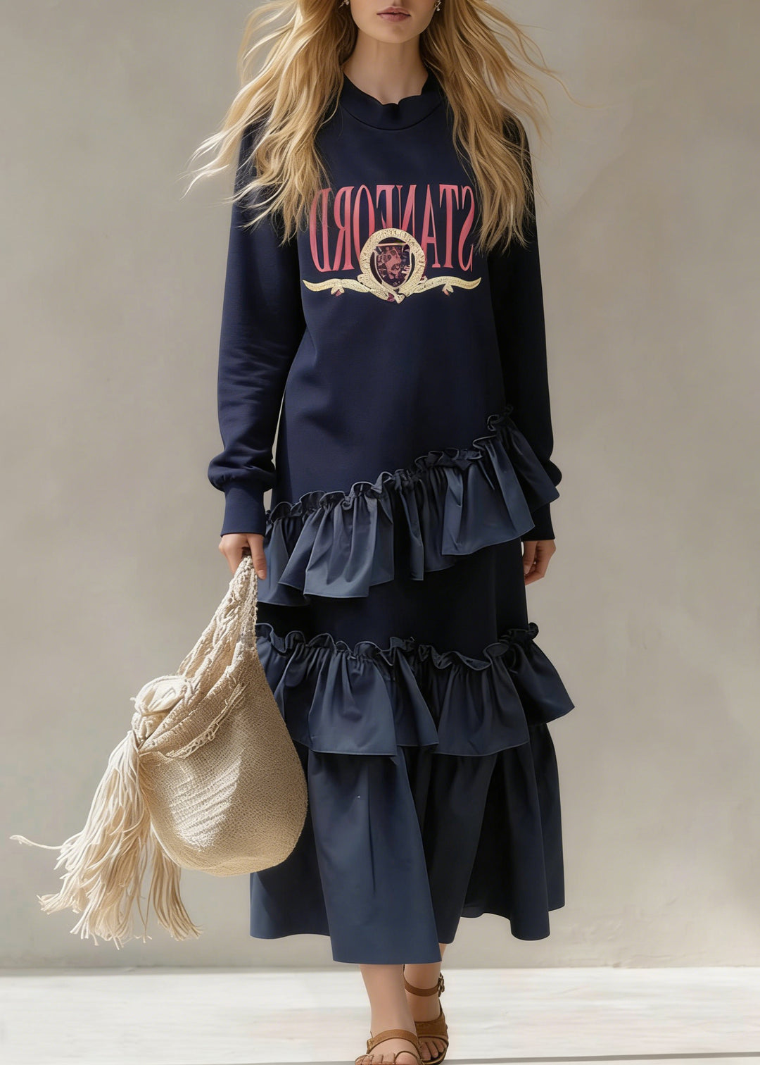 New Navy Print Ruffled Patchwork Cotton Sweatshirt Dress Spring
