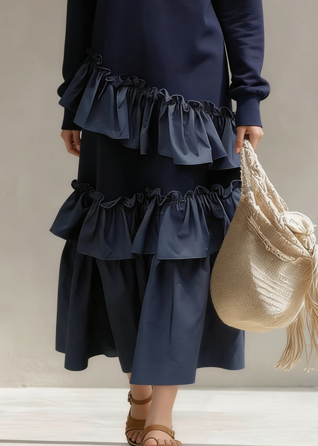 New Navy Print Ruffled Patchwork Cotton Sweatshirt Dress Spring