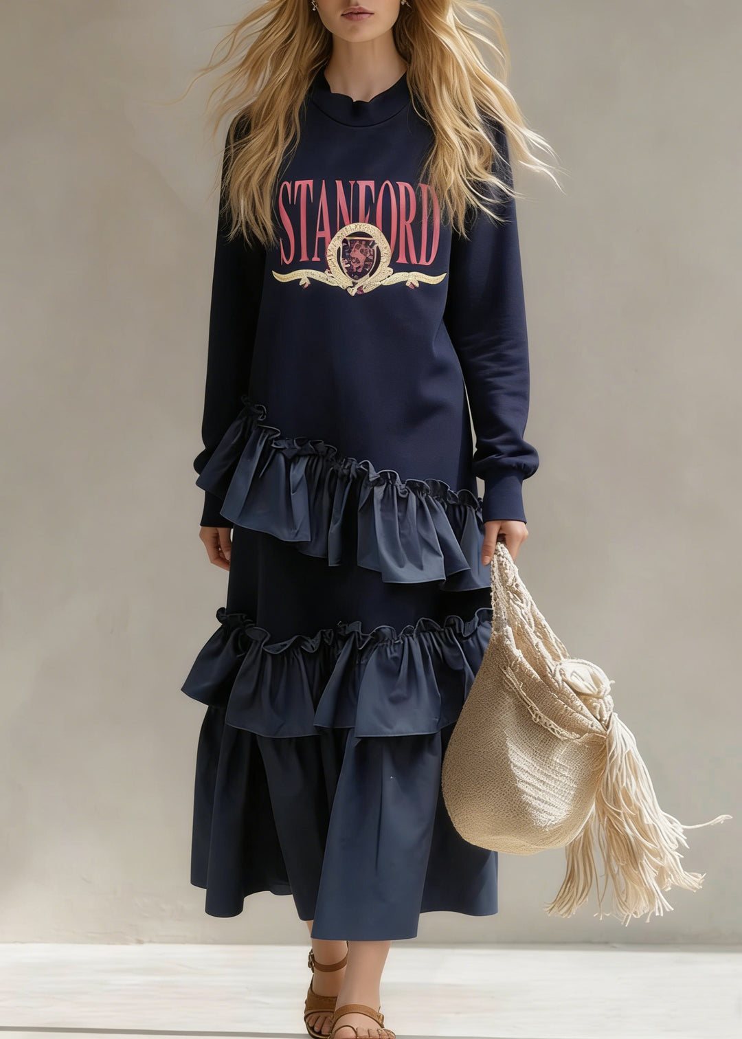 New Navy Print Ruffled Patchwork Cotton Sweatshirt Dress Spring