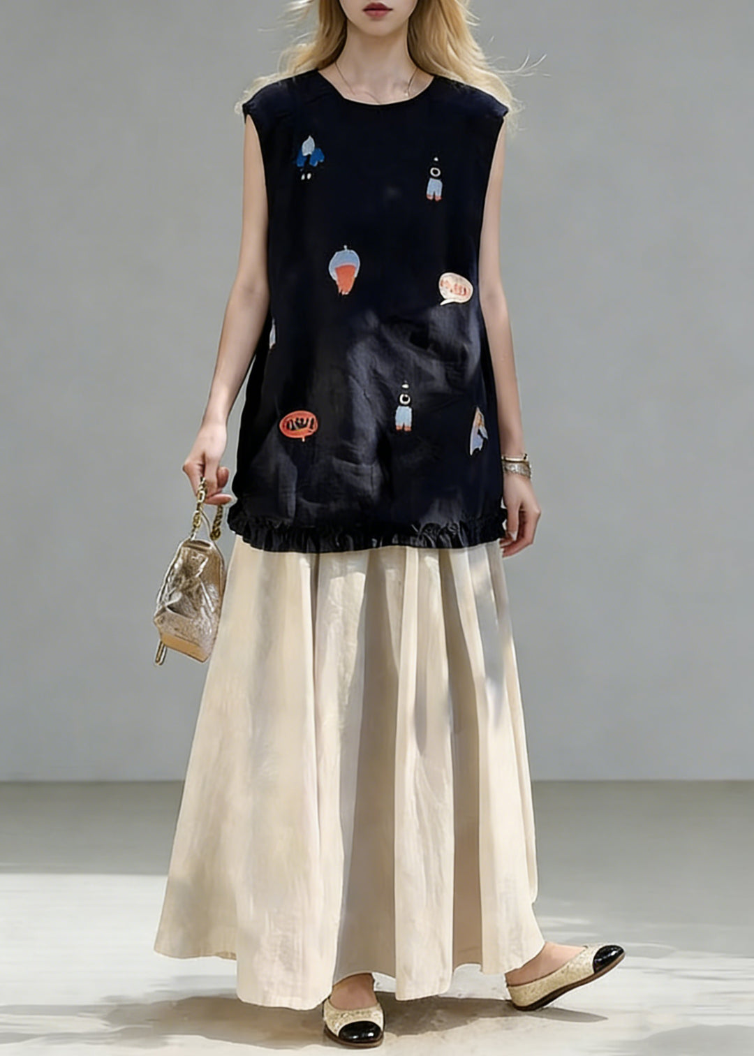 New Navy Print Ruffled Tops And Linen Skirts Two Piece Set Summe - Omychic