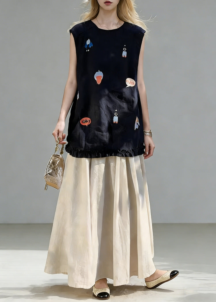 New Navy Print Ruffled Tops And Linen Skirts Two Piece Set Summe - Omychic