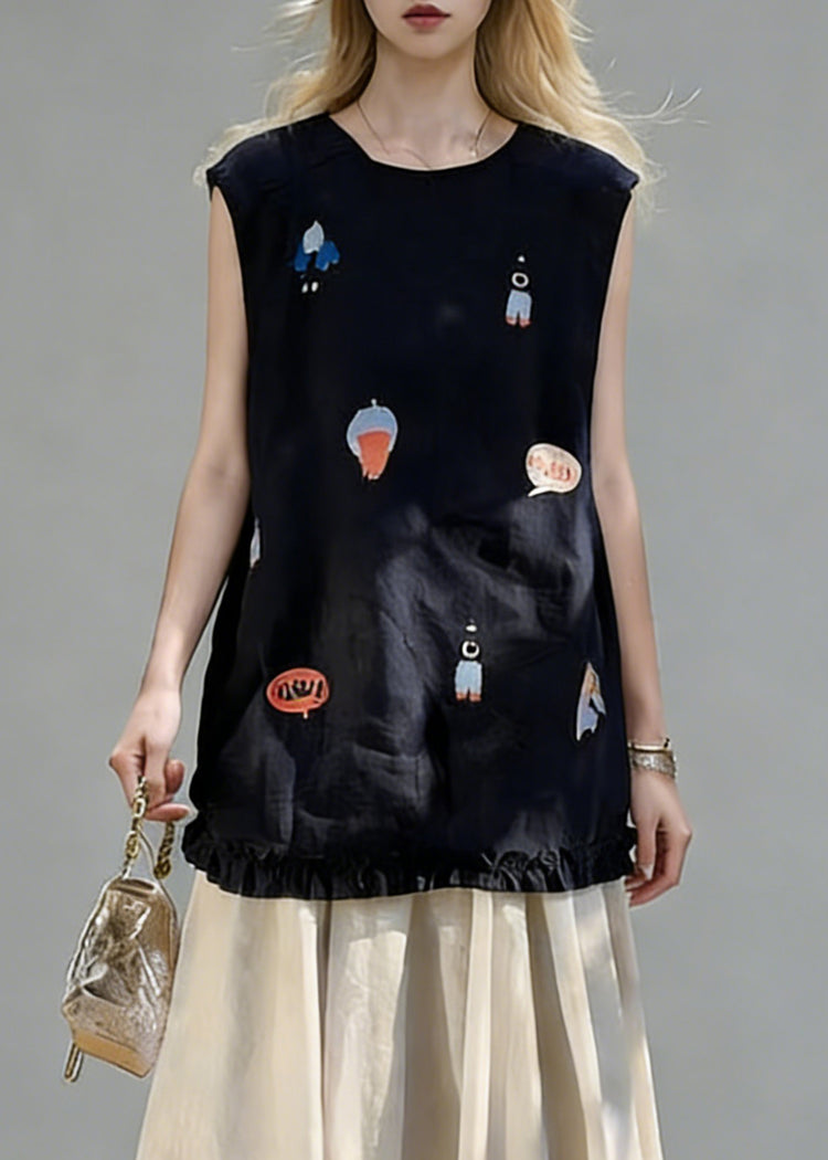 New Navy Print Ruffled Tops And Linen Skirts Two Piece Set Summe - Omychic