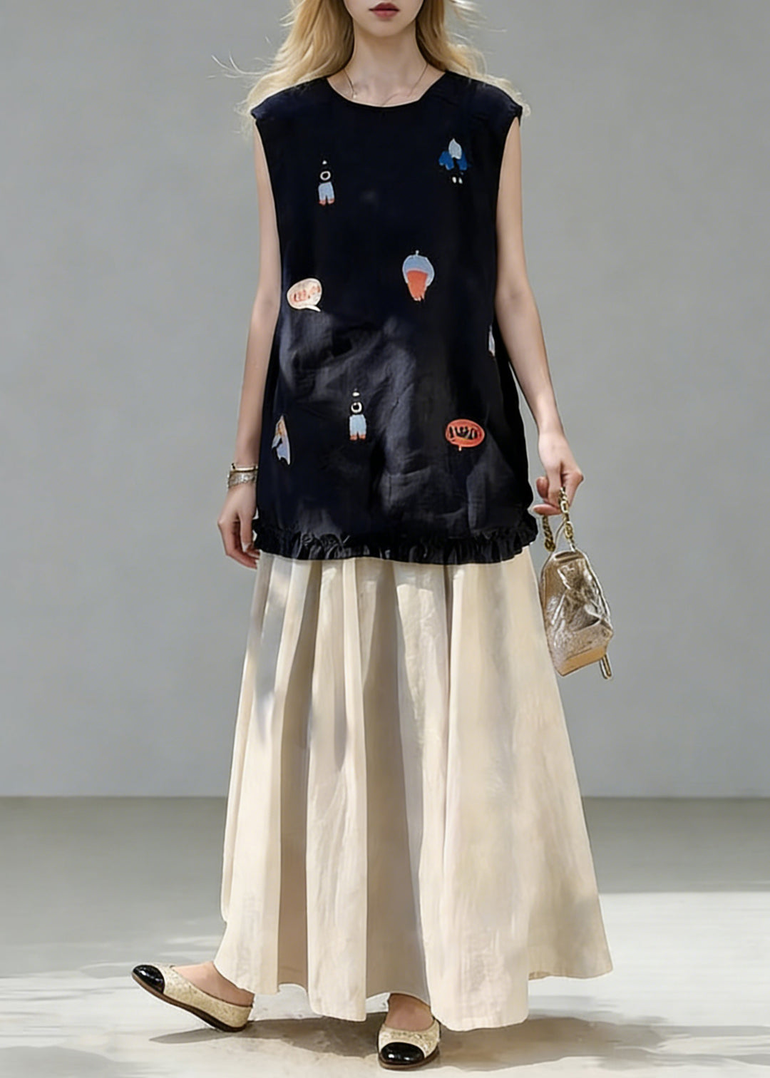 New Navy Print Ruffled Tops And Linen Skirts Two Piece Set Summe - Omychic