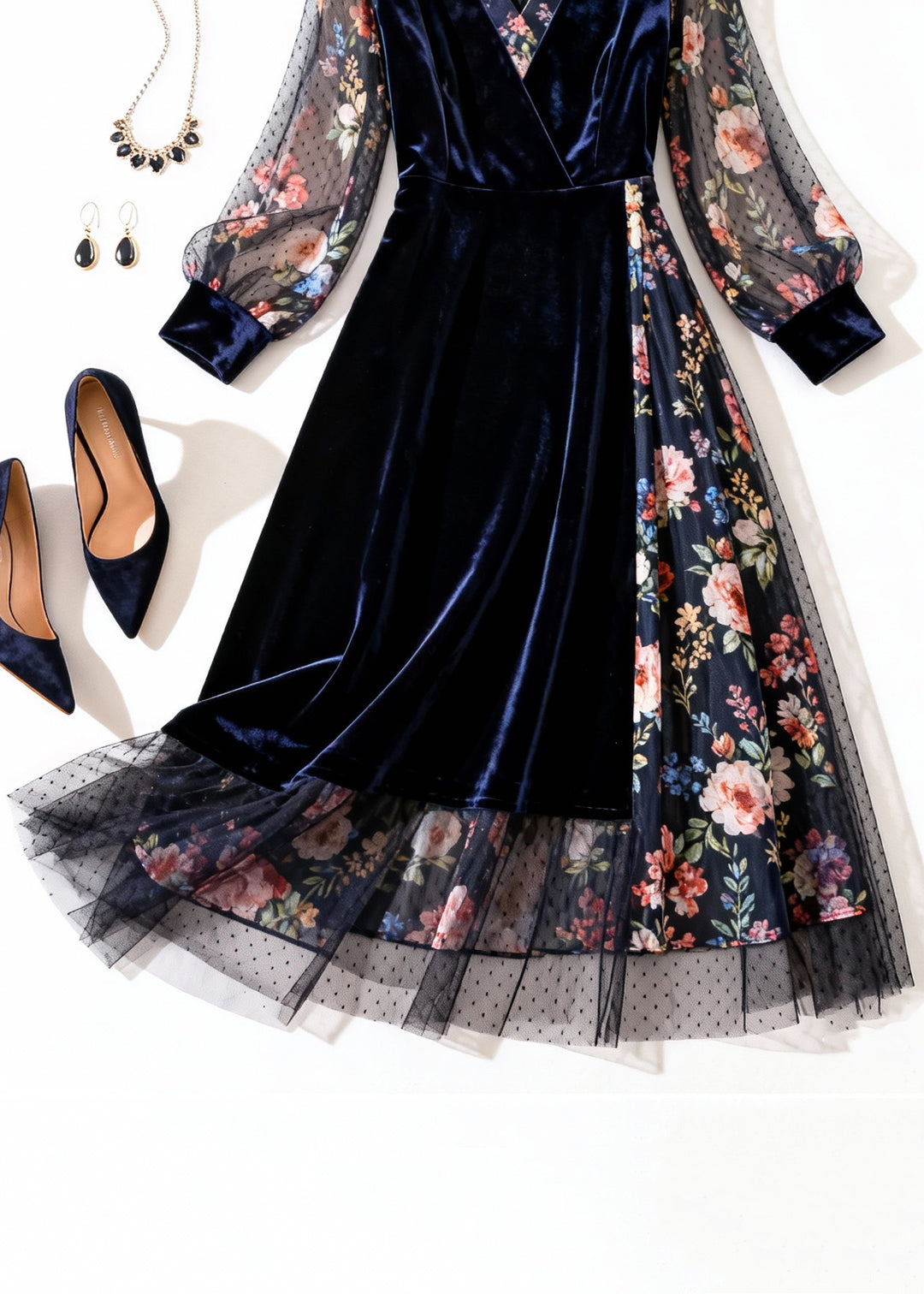 New Navy Print Tulle Patchwork Silk Velvet Long Dress Summer