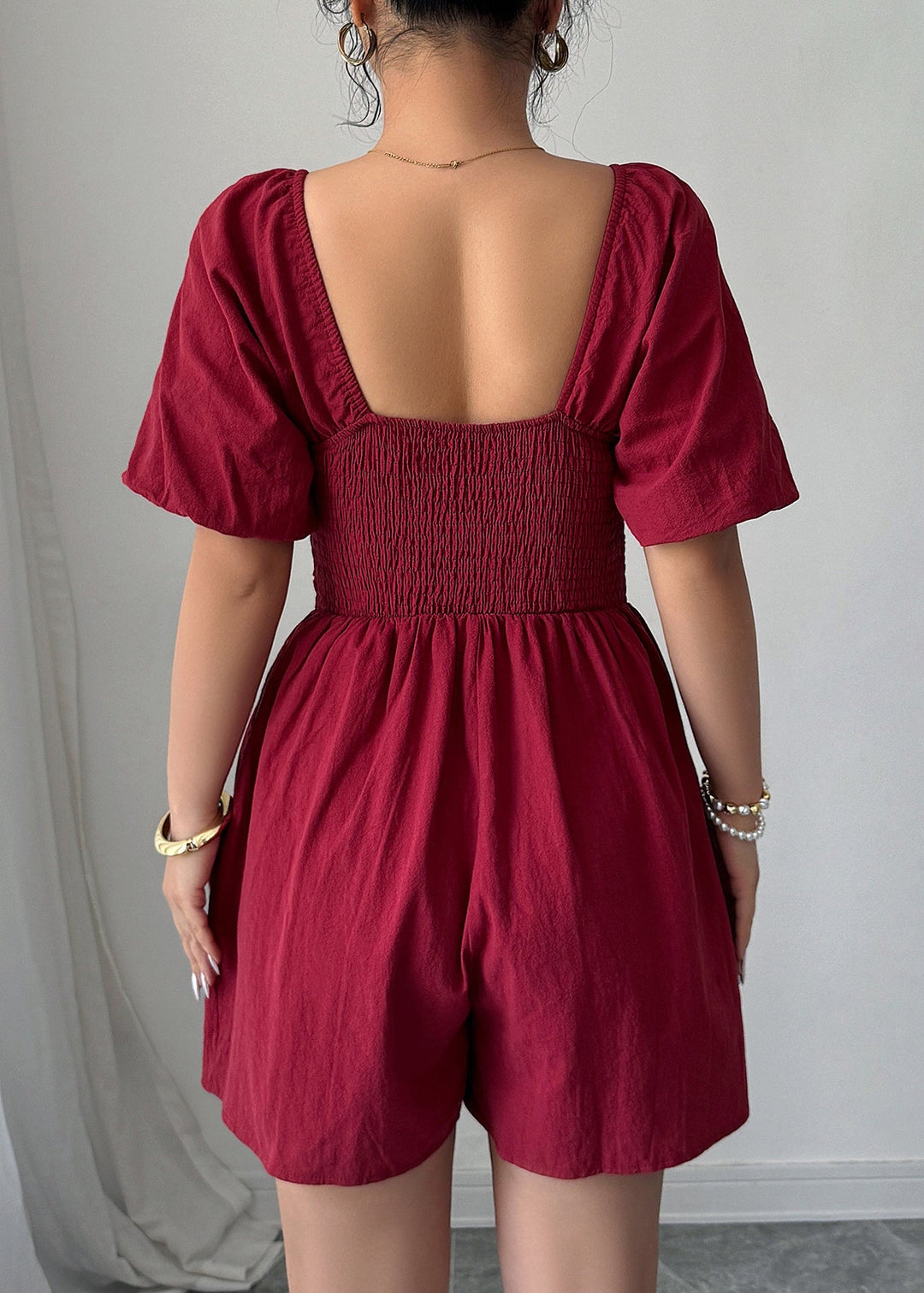 New Navy Square Collar Puff Sleeve Wrinkled Cotton Mid Dresses
