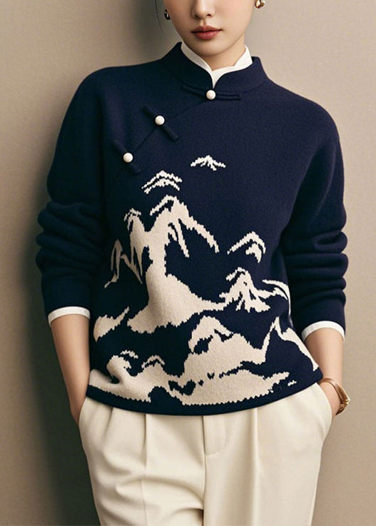 New Navy Stand Collar Landscape Knit Sweater Winter