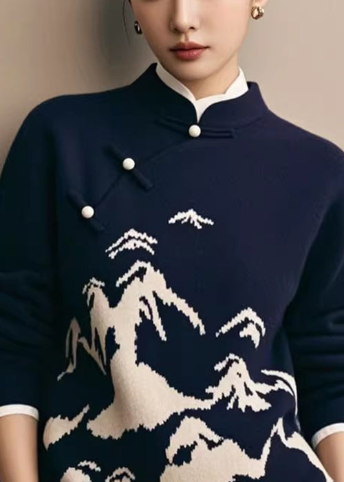 New Navy Stand Collar Landscape Knit Sweater Winter