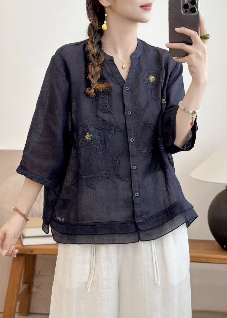 New Navy V Neck Embroidered Patchwork Linen Top Summer