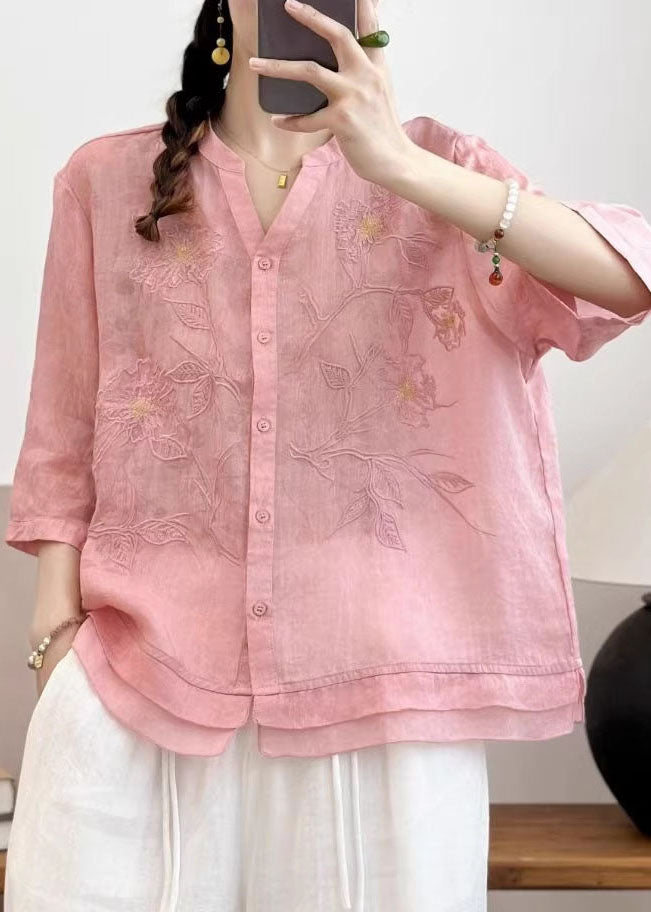 New Navy V Neck Embroidered Patchwork Linen Top Summer