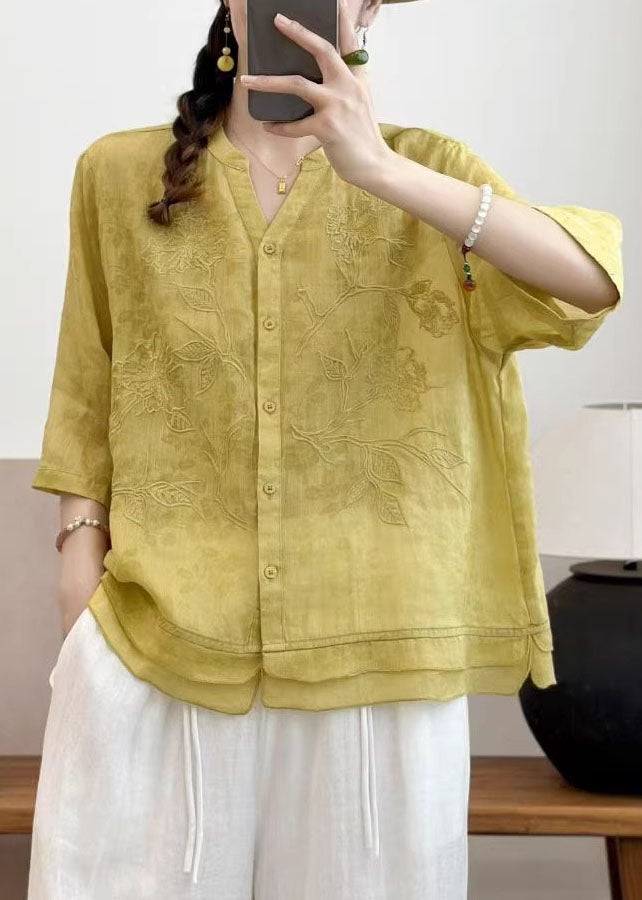 New Navy V Neck Embroidered Patchwork Linen Top Summer