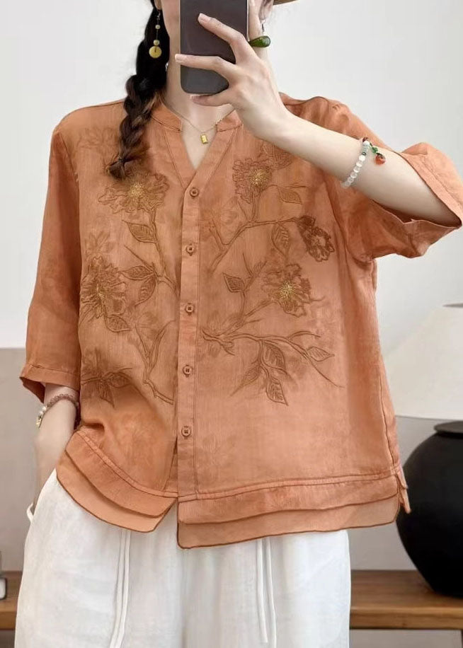 New Navy V Neck Embroidered Patchwork Linen Top Summer