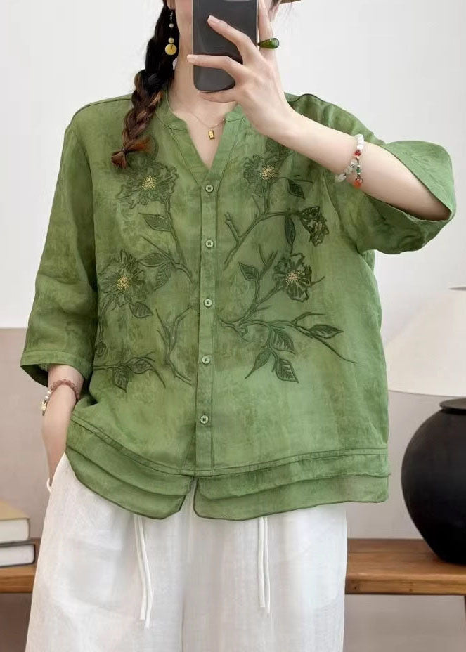 New Navy V Neck Embroidered Patchwork Linen Top Summer