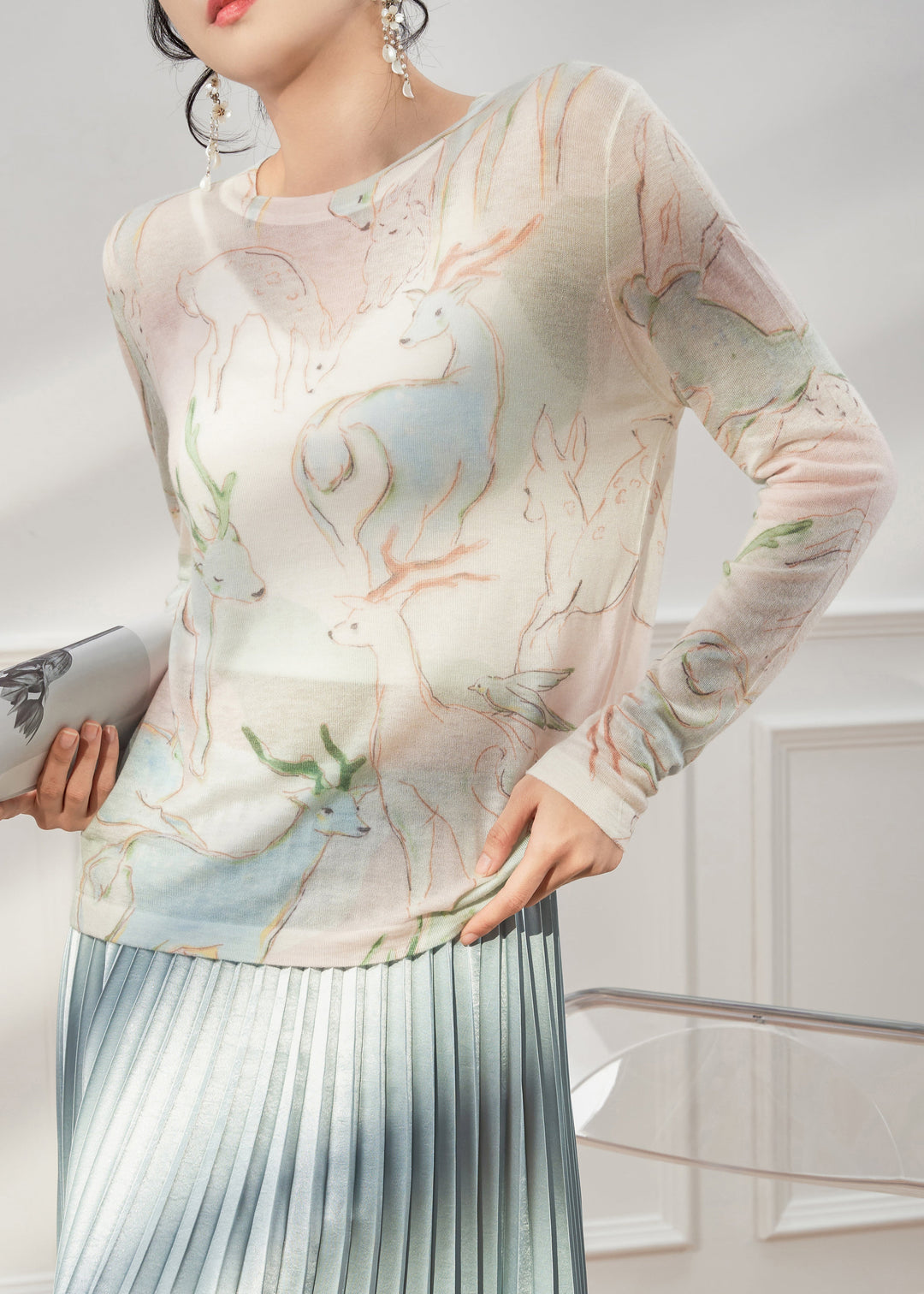 New O Neck Animal Print Thin Knit T Shirt Fall