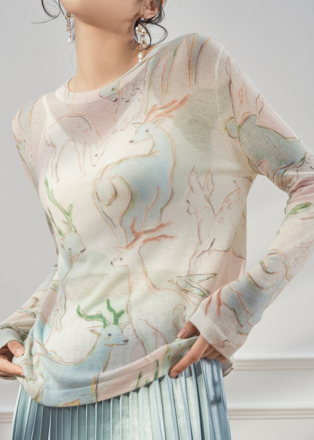 New O Neck Animal Print Thin Knit T Shirt Fall