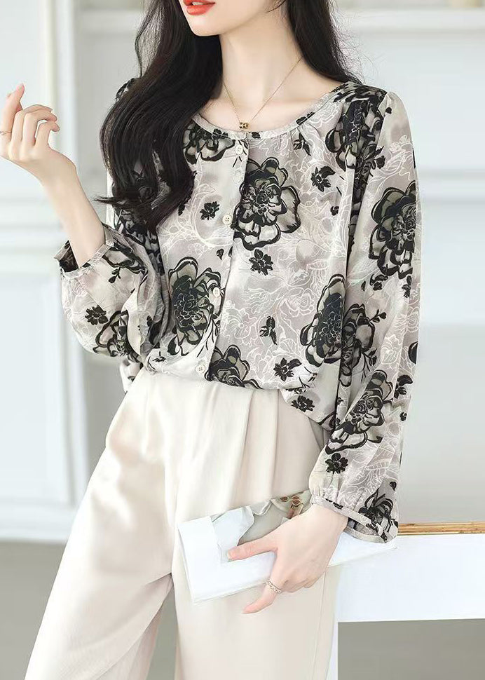 New O Neck Print Button Chiffon Blouses Fall