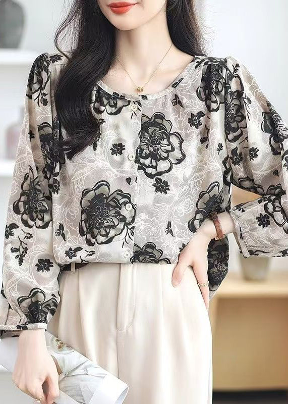 New O Neck Print Button Chiffon Blouses Fall