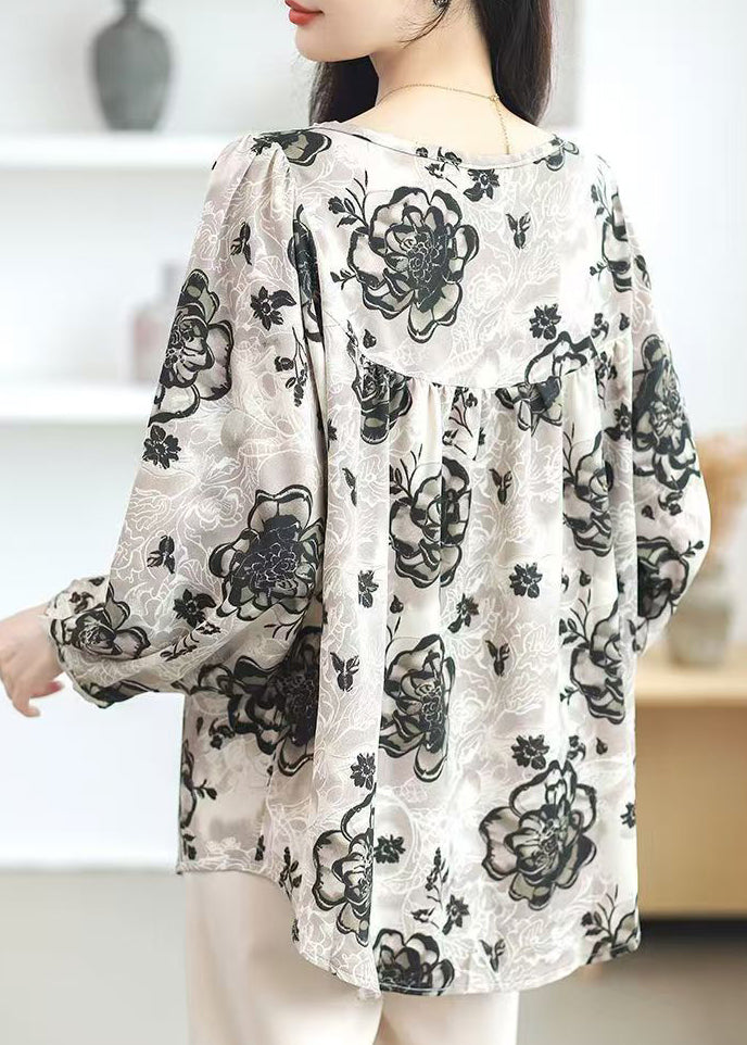 New O Neck Print Button Chiffon Blouses Fall
