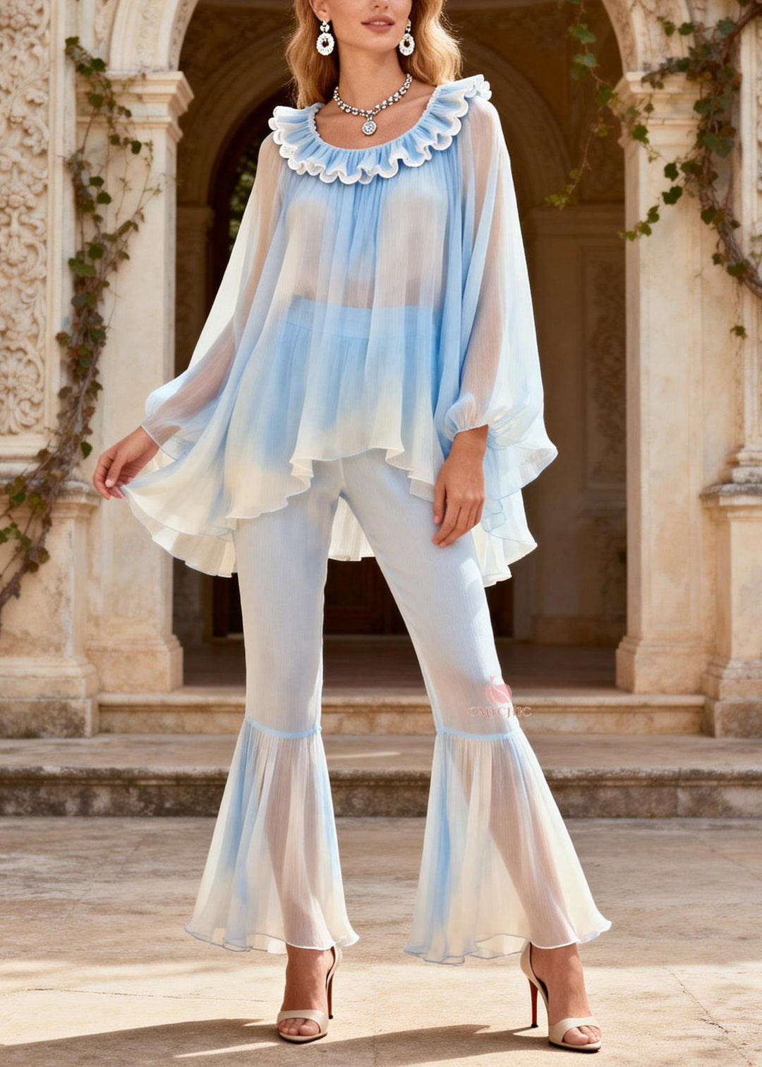 New O Neck Ruffled Patchwork Silk Two Pieces Set Summer