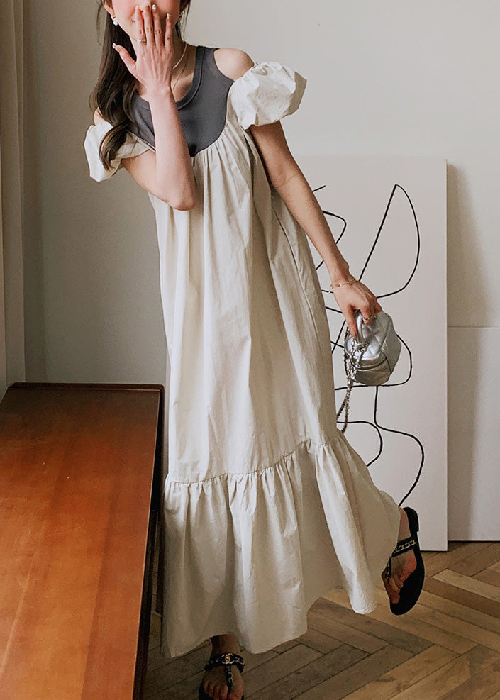 New Off The Shoulder Puff Sleeve Wrinkled Patchwork Cotton Dress