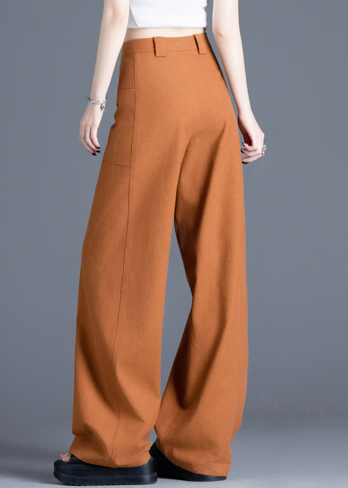 New Orange Button High Waist Cotton Wide Leg Pants Spring