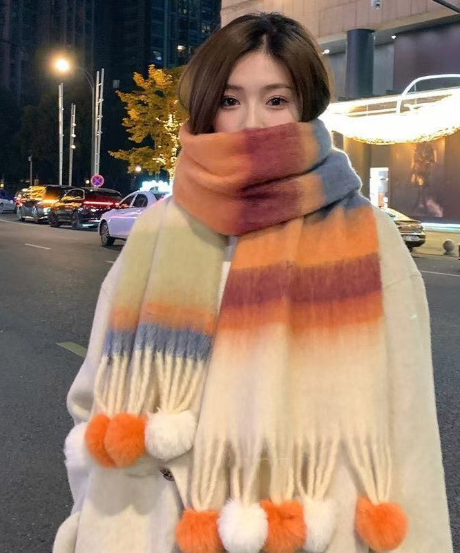 New Orange Fuzzy Ball Decorated  Thick Warm Faux Cashmere Scarf