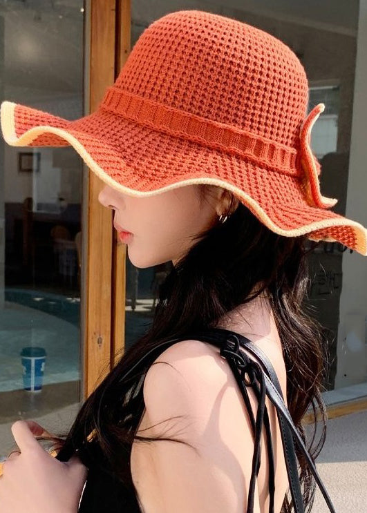 New Orange Hollow Out Bow Knit Bucket Hat