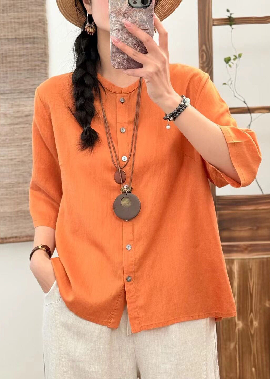 New Orange O Neck Button Solid Linen Blouse Half Sleeve