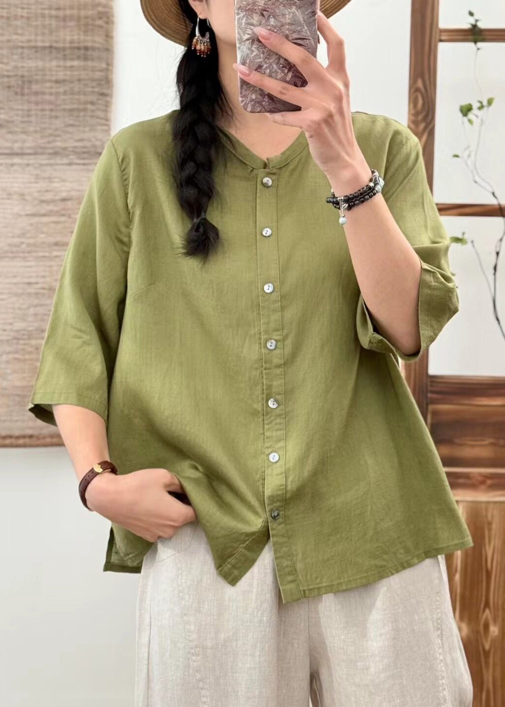 New Orange O Neck Button Solid Linen Blouse Half Sleeve