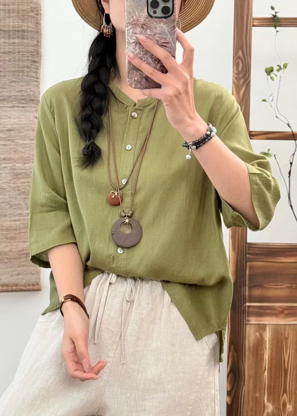 New Orange O Neck Button Solid Linen Blouse Half Sleeve