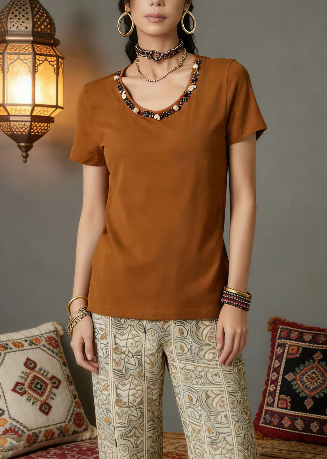 New Orange O Neck Nail Bead Cotton T Shirt Summer