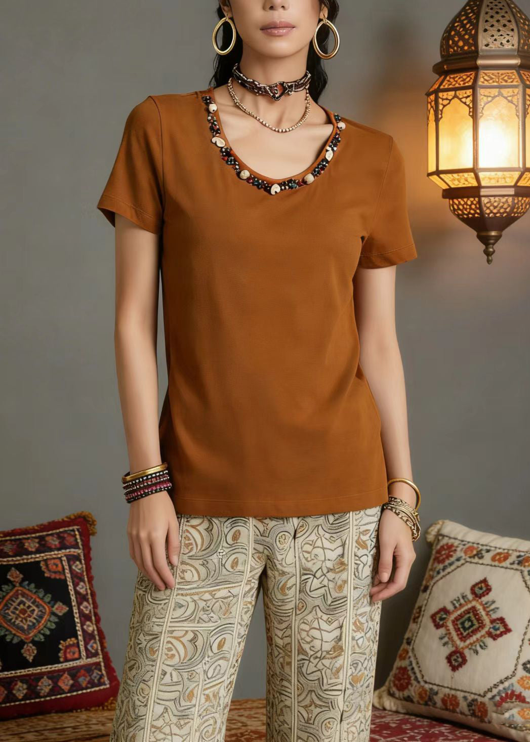 New Orange O Neck Nail Bead Cotton T Shirt Summer