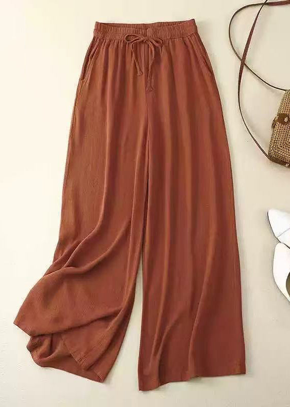 New Orange Pockets Elastic Waist Linen Wide Leg Pants Summer