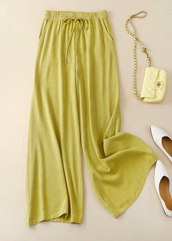 New Orange Pockets Elastic Waist Linen Wide Leg Pants Summer