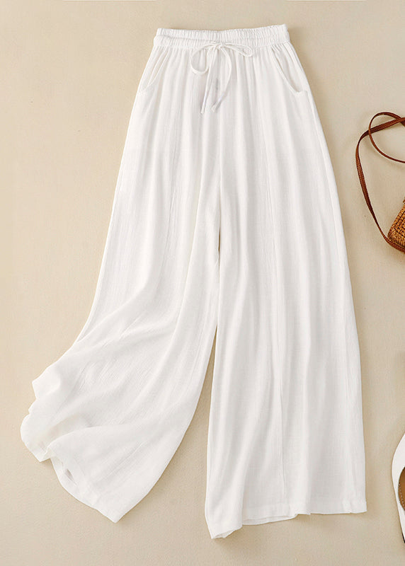 New Orange Pockets Elastic Waist Linen Wide Leg Pants Summer