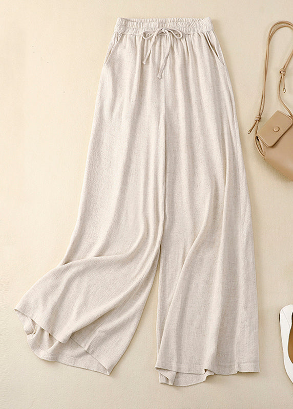 New Orange Pockets Elastic Waist Linen Wide Leg Pants Summer