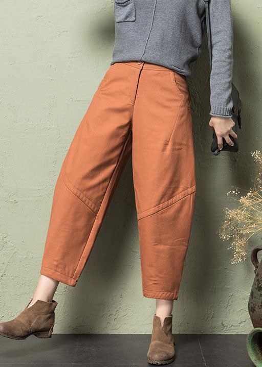 New Orange Pockets High Waist Cotton Crop Pants Spring
