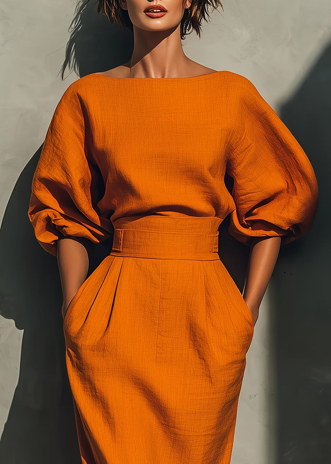 New Orange Pockets Puff Sleeve Cotton Long Dresses