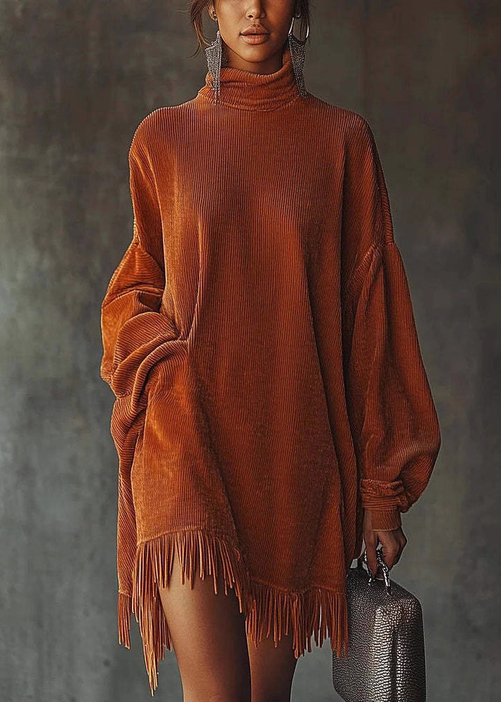 New Orange Tasseled Patchwork Corduroy Dresses Spring