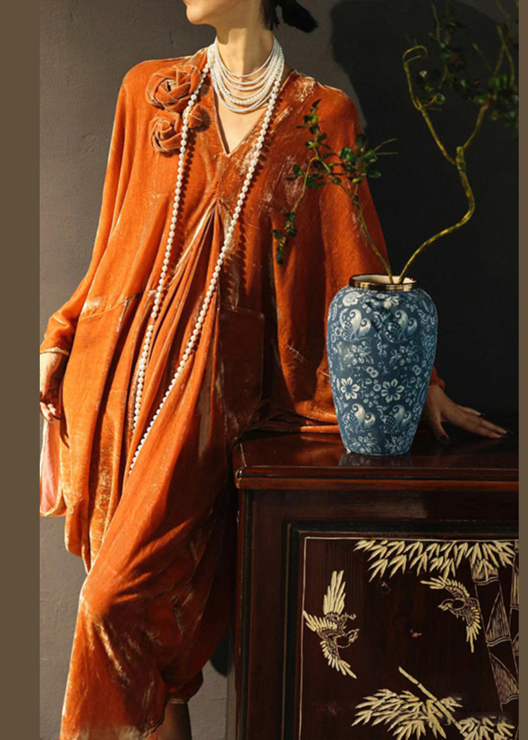 New Orange V Neck Solid Silk Velvet Dress Spring