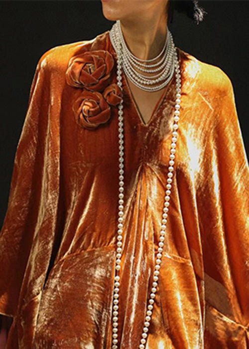 New Orange V Neck Solid Silk Velvet Dress Spring