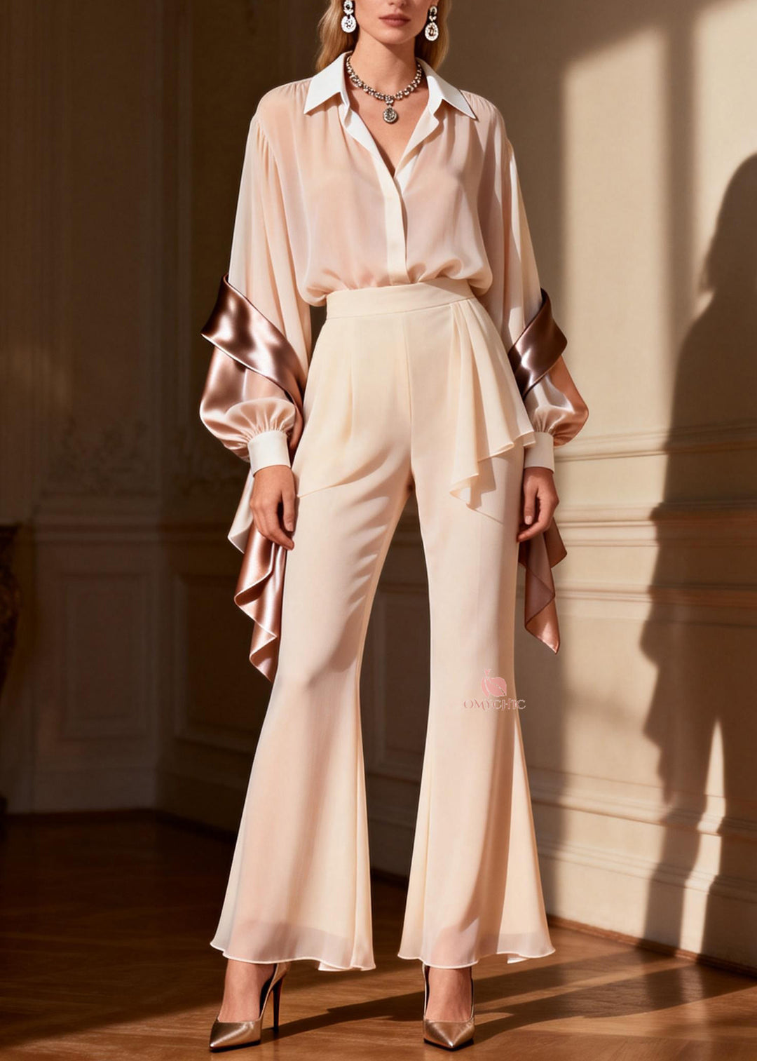 New Peter Pan Collar Patchwork Silk Two Piece Suit Set Spring