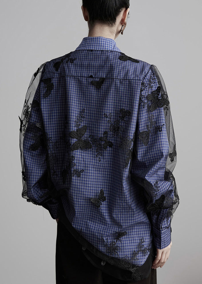 New Peter Pan Collar Plaid Butterfly Embroidered Cotton Blouses Fall