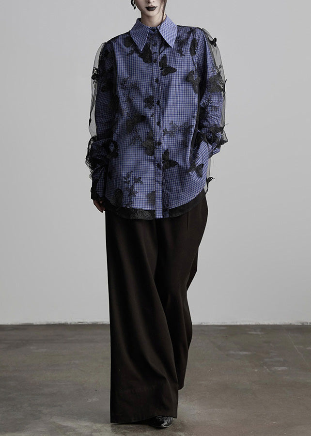 New Peter Pan Collar Plaid Butterfly Embroidered Cotton Blouses Fall