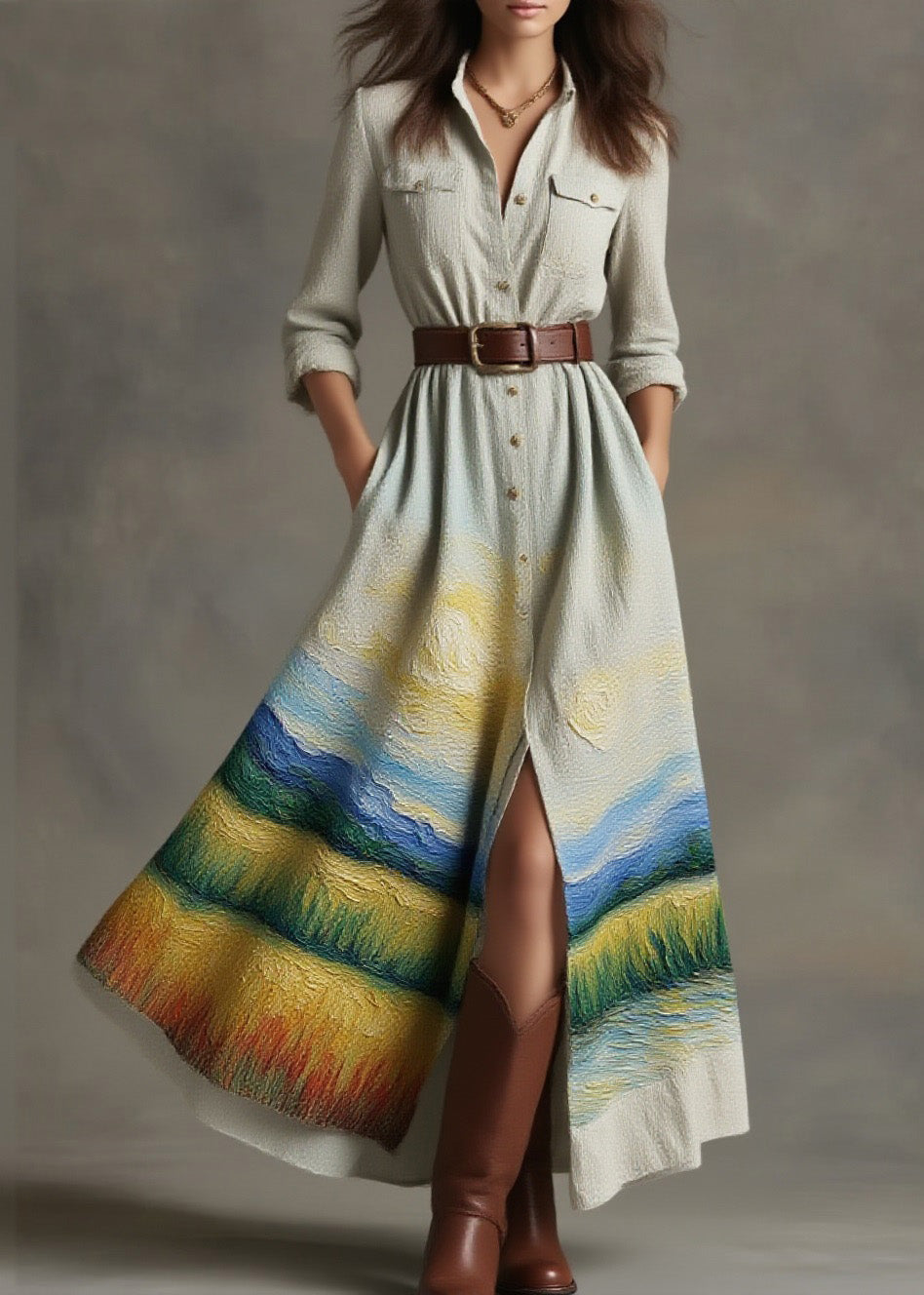 New Peter Pan Collar Print Cotton Button Shirts Dress Spring